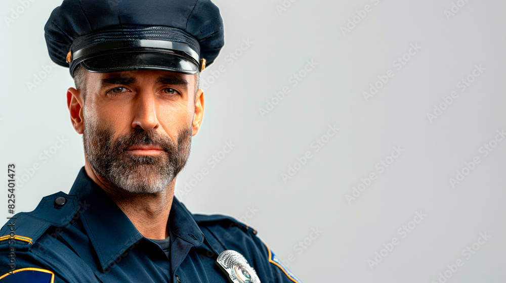 Portrait of a confident police officer with blue eyes and a beard, wearing a uniform and hat, standing indoors with a blurred grey background.
Portrait of a confident police officer with blue eyes and a beard, wearing a uniform and hat, standing indoors with a blurred grey background.