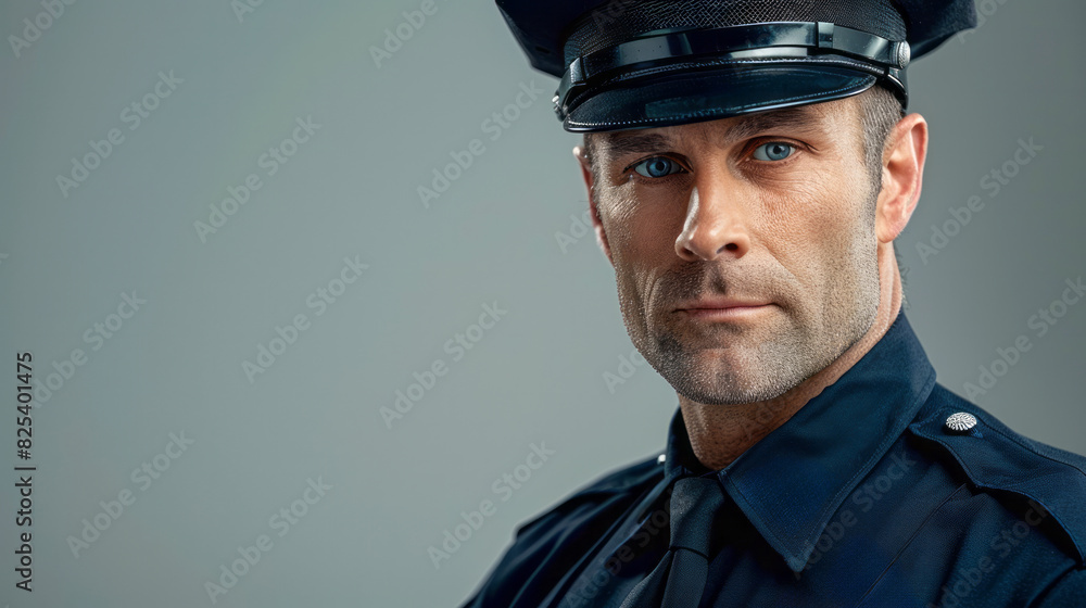 Portrait of a confident police officer with blue eyes and a beard, wearing a uniform and hat, standing indoors with a blurred grey background.
Portrait of a confident police officer with blue eyes and a beard, wearing a uniform and hat, standing indoors with a blurred grey background.