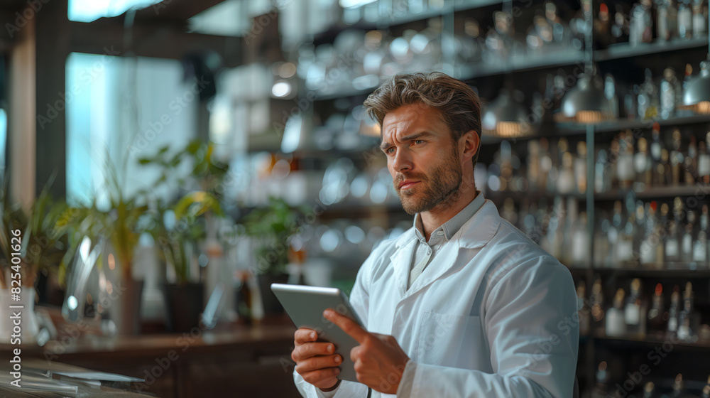 Portrait of a thoughtful engineer in a modern laboratory, wearing a white lab coat and surrounded by blurred scientific equipment. Portrait of a thoughtful engineer in a modern laboratory, wearing a white lab coat and surrounded by blurred scientific equipment.