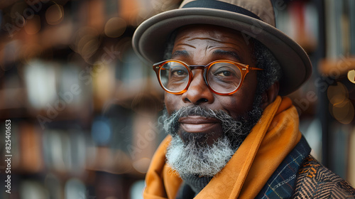 A close-up portrait of a smiling man with a beard, wearing glasses, a hat, and an orange scarf, standing in front of a blurred bookshelf.