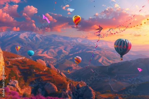 : A breathtaking view of a mountain landscape at dawn, with vibrant, colorful balloons and kites soaring in the sky, symbolizing the joy and festivity of Eid al-Adha. photo
