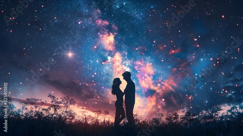 Romantic Portrait of a Stylish Couple Dancing under the Stars in a Cinematic Light