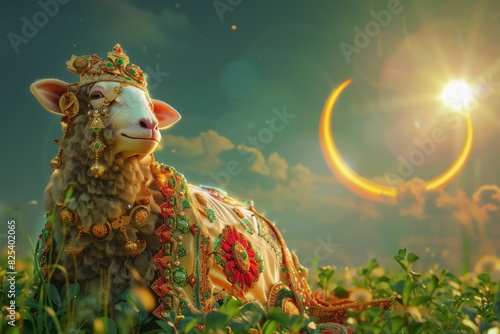 : A captivating Eid al-Adha Mubarak scene with a richly decorated sacrificial lamb set in a lush, green field, with a radiant, golden crescent moon in the background.