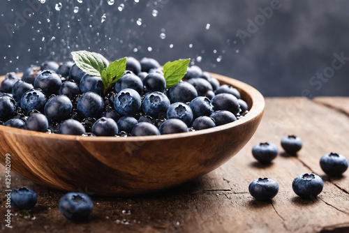 AI generated illustration of blueberries in a wooden bowl splashing water, fresh and vibrant