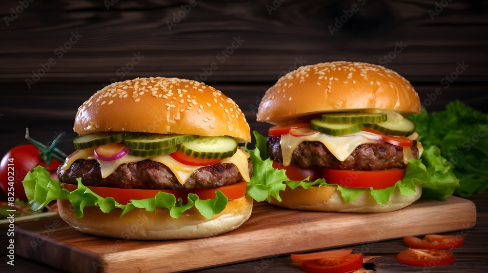 Savory Cheeseburgers Stack with Layers of Flavor on a Dark Background Savory Cheeseburgers Stack with Layers of Flavor on a Dark Background