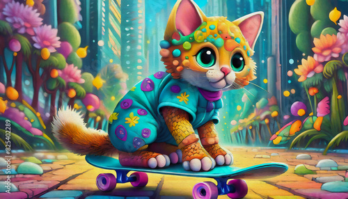 oil painting style cartoon character illustration Multicolored a cute baby cat rides a skateboard along a city street © stefanelo