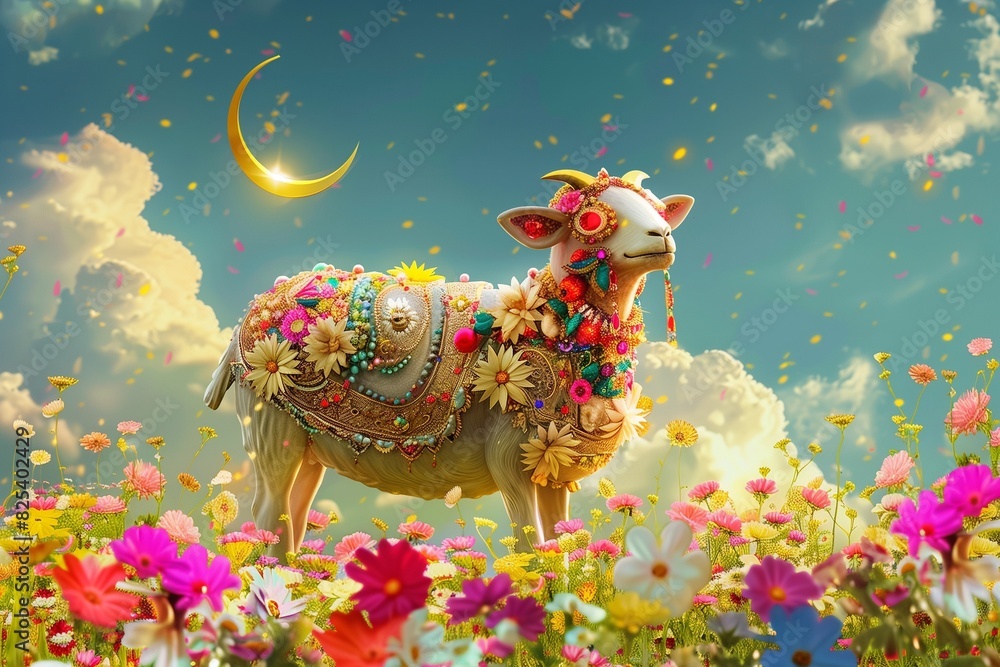 Obraz premium : A lively Eid al-Adha Mubarak background displaying a beautifully decorated sacrificial lamb in a field of colorful flowers, with a radiant, golden crescent moon in the sky.