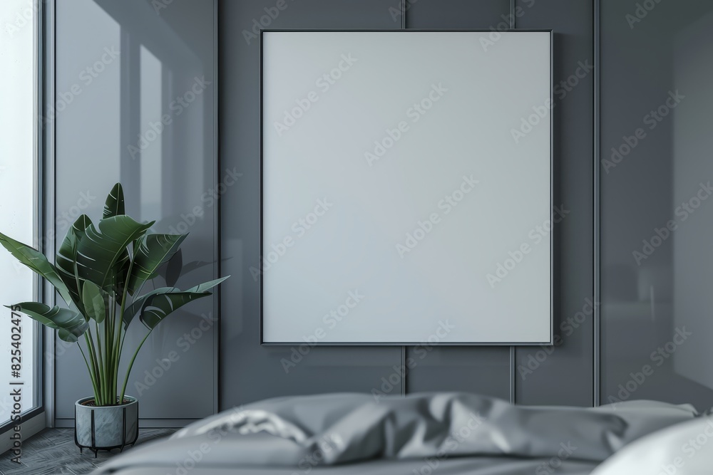 Elegant mockup frame on a grey wardrobe with glossy sliding doors in a minimalist bedroom (selective focus, contemporary decor, futuristic, Overlay, trendy bedroom backdrop) Elegant mockup frame on a grey wardrobe with glossy sliding doors in a minimalist bedroom (selective focus, contemporary decor, futuristic, Overlay, trendy bedroom backdrop)