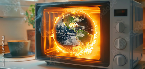 orld in microwave oven, global warming concept, AI generated photo