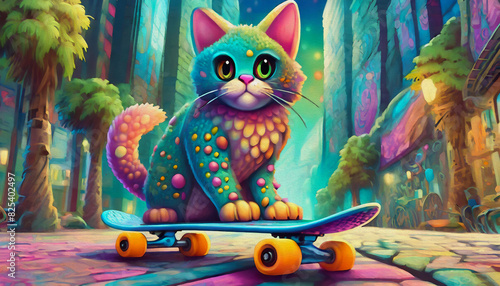 oil painting style cartoon character illustration Multicolored a cute baby cat rides a skateboard along a city street