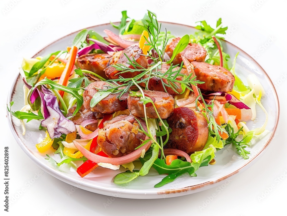 Sizzling Bavarian Delight: Crispy Sausage and Pig Spleen atop a Vibrant Salad Sizzling Bavarian Delight: Crispy Sausage and Pig Spleen atop a Vibrant Salad
