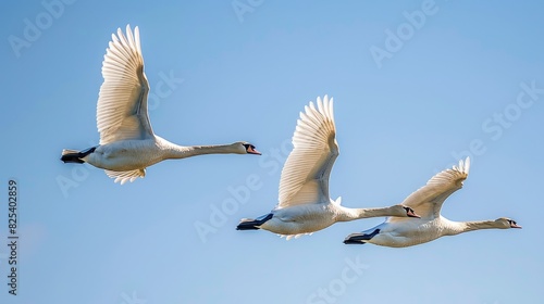 Fototapeta Naklejka Na Ścianę i Meble -  Bird Migration Three swans soar in the clear sky after winter flying south in the spring amid the natural landscape during hunting season emphasizing the need for environmental protection o