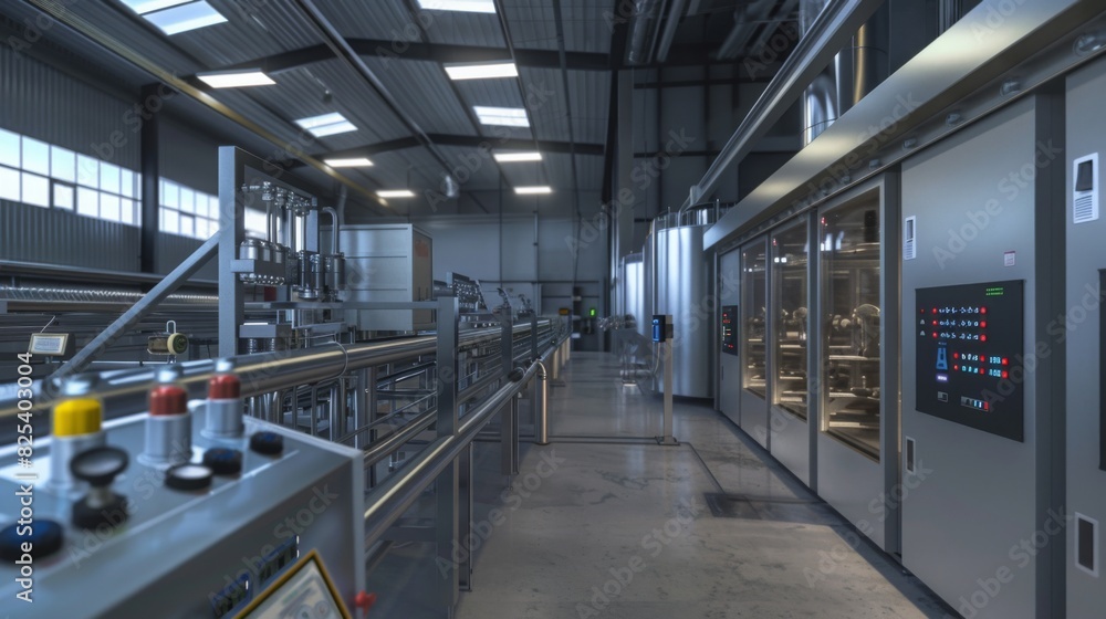 Modern industrial bottling facility with stainless steel machinery, control panels, and conveyor belts on a cloudy daytime. Modern industrial bottling facility with stainless steel machinery, control panels, and conveyor belts on a cloudy daytime.