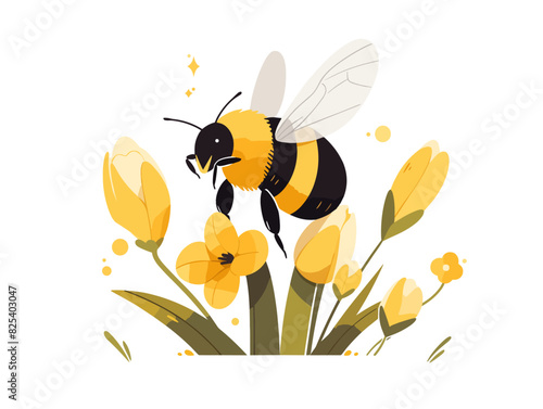 Vector illustration of a bumblebee actively pollinating bright yellow flowers.