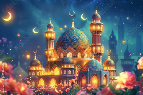 : A vibrant, colorful Eid al-Adha Mubarak background featuring an intricately designed mosque adorned with glowing lanterns, surrounded by blooming flowers and crescent moons.