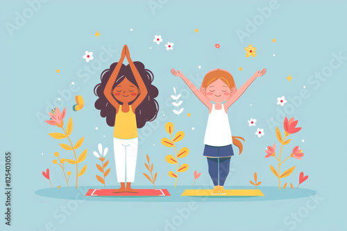 Wallpaper Mural Illustration of children meditating sitting with eyes closed, doing yoga in a garden surrounded by colourful plants. Vector illustration Torontodigital.ca