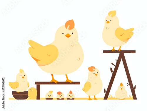 Vector illustration showing chickens of different sizes on a perch in a coop.