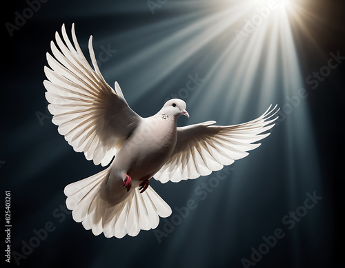 A white dove, symbolizing the Holy Spirit, soars in a sunlit church with a cross in the background. The dove's wings are outstretched, and its body glows with divine light. The image evokes a sense of