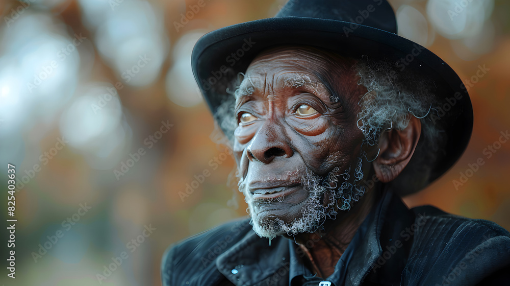 Close-up Portrait of an Elderly Man with a Grey Beard and a Hat, Looking Up and Smiling Close-up Portrait of an Elderly Man with a Grey Beard and a Hat, Looking Up and Smiling
