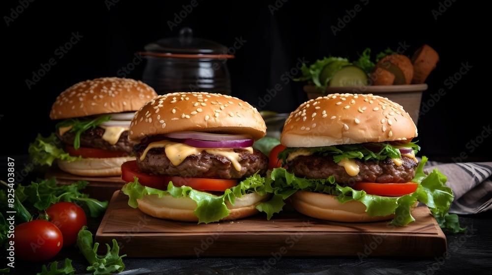 Savory Cheeseburgers Stack with Layers of Flavor on a Dark Background Savory Cheeseburgers Stack with Layers of Flavor on a Dark Background