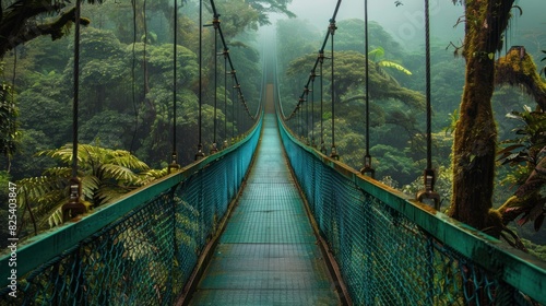 A bridge over a forest with a blue color photo