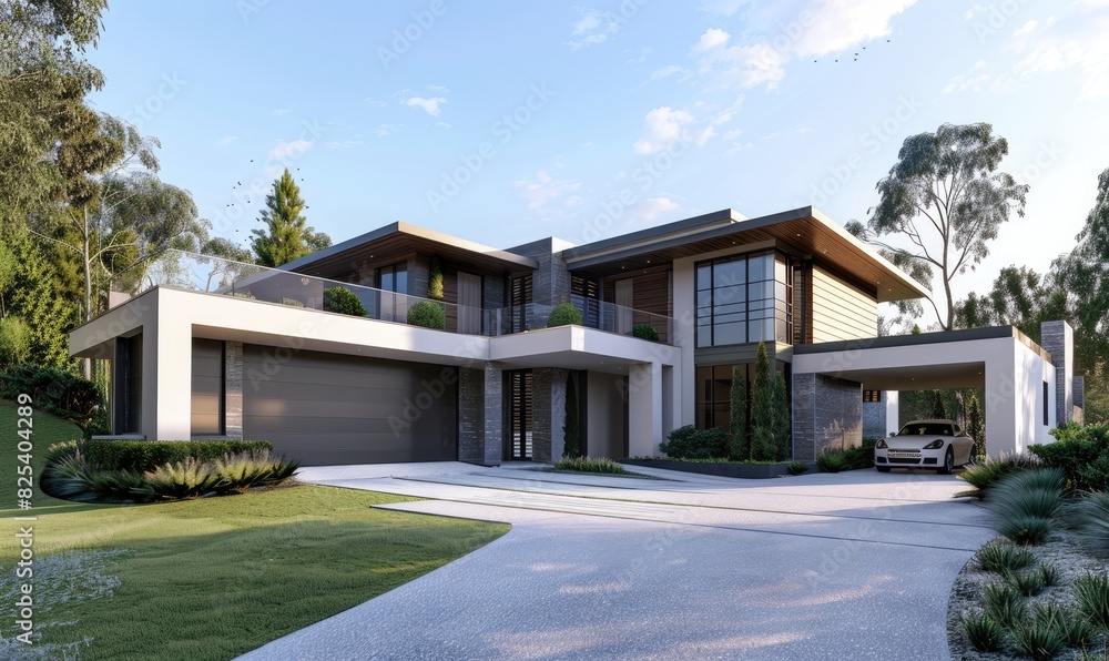 Modern exterior with driveway and a double storey Modern exterior with driveway and a double storey