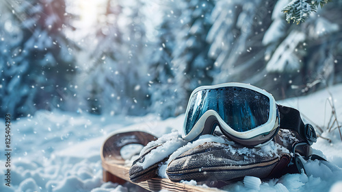 Snowboarding goggles and snowboard isolated on snowcapped ground with pine trees background. Winter sport photo
