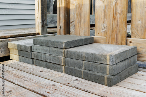 Cement construction blocks on house deck