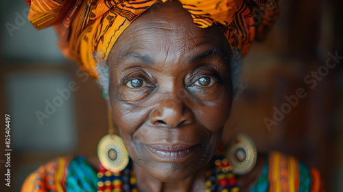 Close-up portrait of an older woman with orange and green clothing and jewelry, looking into the camera