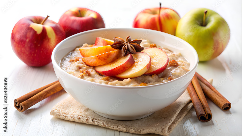 Oatmeal with apples and cinnamon in a white bowl on the table. Oatmeal with apples and cinnamon in a white bowl on the table.