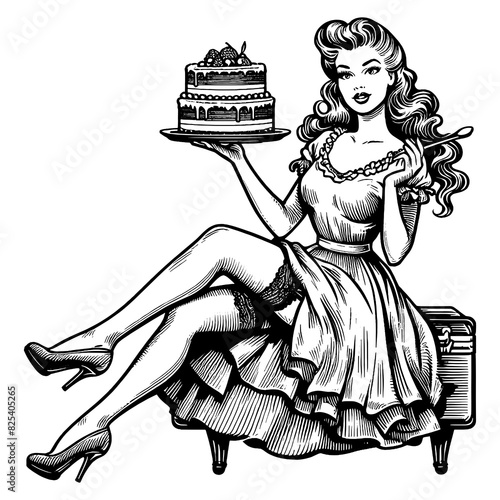 woman holding a decorative cake  reminiscent of classic 1950s style sketch engraving generative ai fictional character PNG illustration. Scratch board imitation. Black and white image.