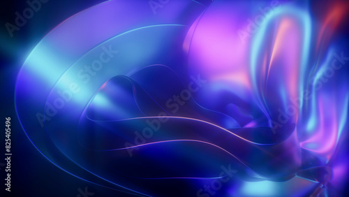 3D render of glowing neon abstract wavy holographic shapes