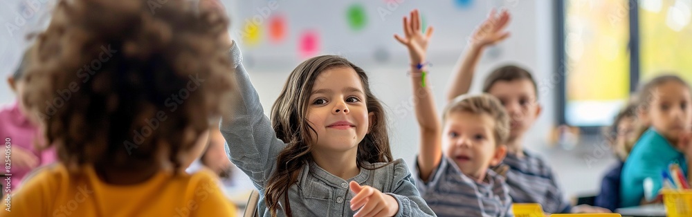 Children eagerly raising their hands in a bright, colorful classroom, showing enthusiasm and participation in learning activities. Children eagerly raising their hands in a bright, colorful classroom, showing enthusiasm and participation in learning activities.