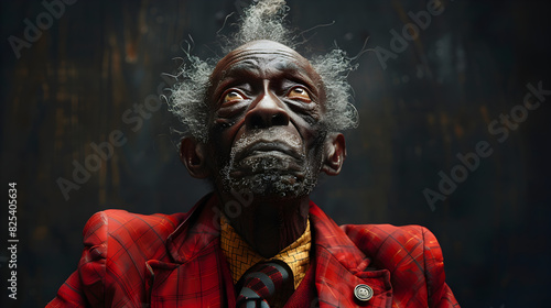 Close-up portrait of an elderly man with a white beard and mustache, looking upwards, wearing a red jacket.
