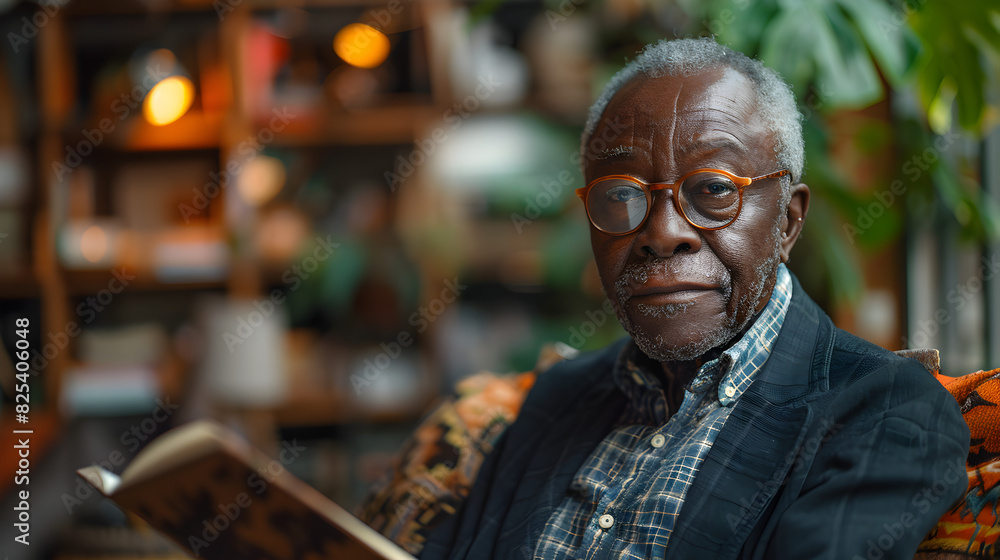 Smiling Black Man Reading a Book in a Cozy Library Setting Smiling Black Man Reading a Book in a Cozy Library Setting