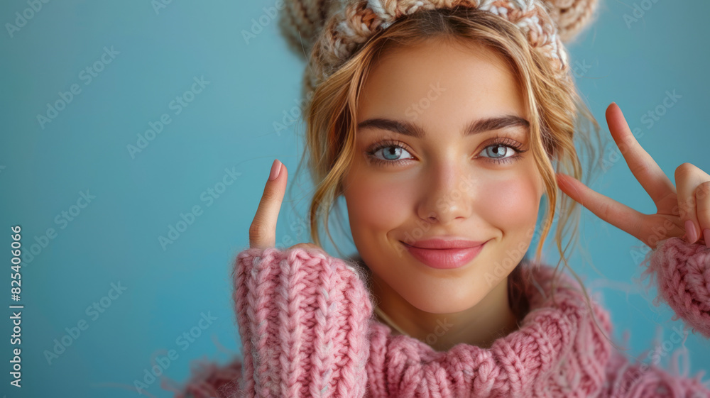 Cute woman showing OK sign with hand. light blue background generative ai
