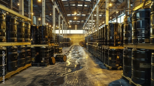 A large warehouse packed with rows of numerous barrels  creating a storage facility for liquids or goods.