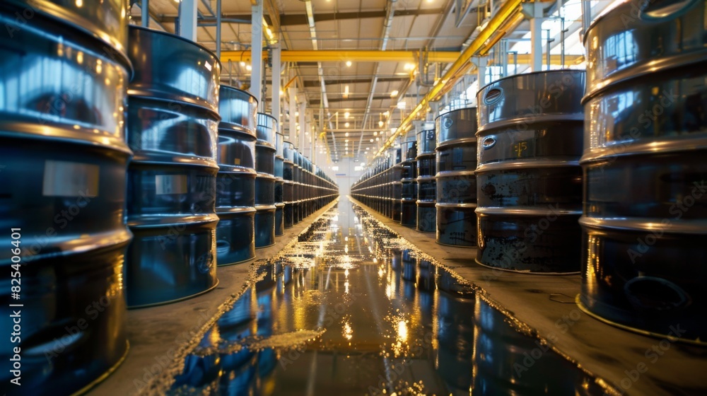 Rows of metal barrels line the aisle of a large industrial warehouse. The floor reflects the robust ceiling lights, creating a shiny and symmetrical effect. Rows of metal barrels line the aisle of a large industrial warehouse. The floor reflects the robust ceiling lights, creating a shiny and symmetrical effect.
