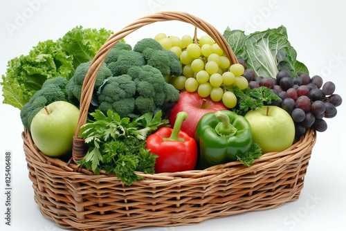 A vibrant and diverse collection of fresh fruits and vegetables in a woven wicker basket  including green apples  red and green bell peppers  broccoli  red and black grapes  and various herbs