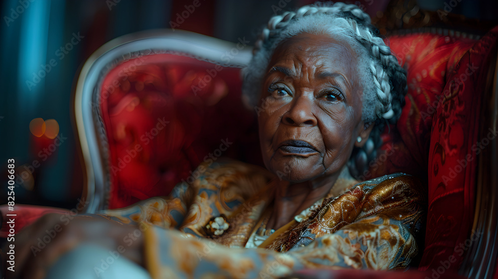 Close-up Portrait of an Elderly Woman Sitting in a Red Chair Close-up Portrait of an Elderly Woman Sitting in a Red Chair