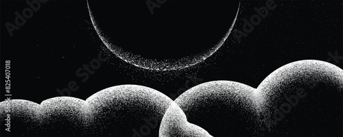 Star and planet in space. Futuristic landscape, with noise texture . Night landscape with starry sky and clouds .Vector illustration, screen print texture