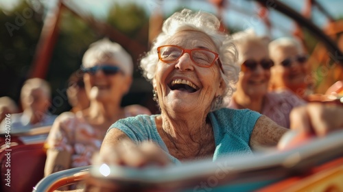 A group of seniors enjoying a day at the amusement park, riding roller coasters and indulging in sweet treats, elderly happy people, old age, bokeh Generative AI © Business Pics