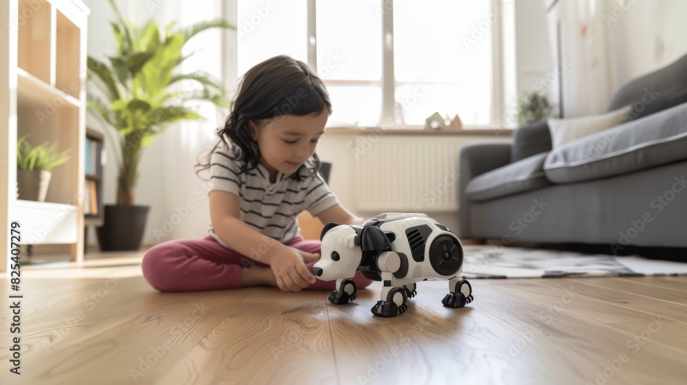 Adorable Child Engaged in Playtime with Robotic Dog Toy at Home Adorable Child Engaged in Playtime with Robotic Dog Toy at Home