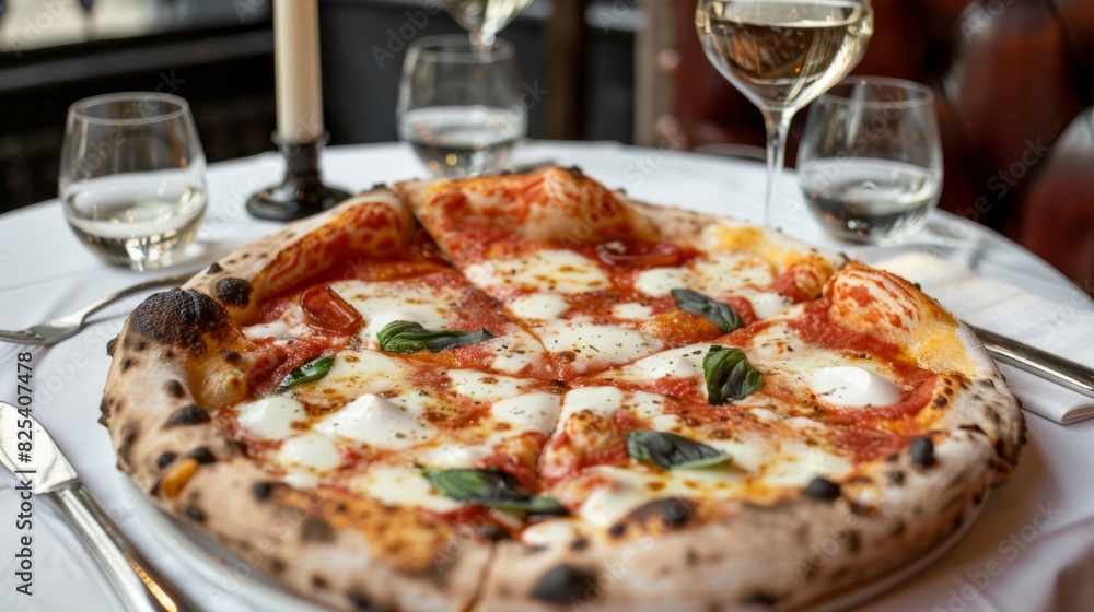 Gourmet Italian Margherita Pizza with Wine on Elegant Table Setting