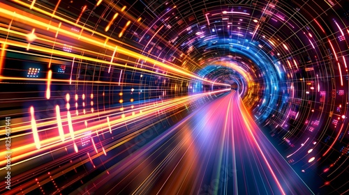 High-speed blur zoom effect, neon color motion on a speedway, panoramic high-speed technology concept, futuristic technology abstract background—sci-fi illustration with neon lights and road.

