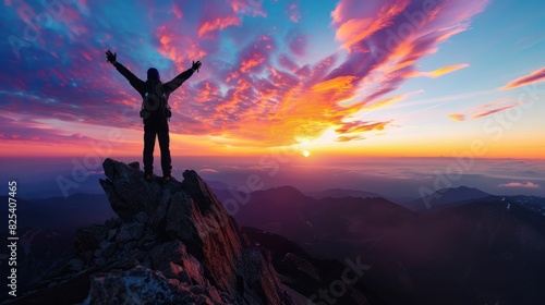hiker celebrating success on top of a mountain in a majestic sunrise © baharohi