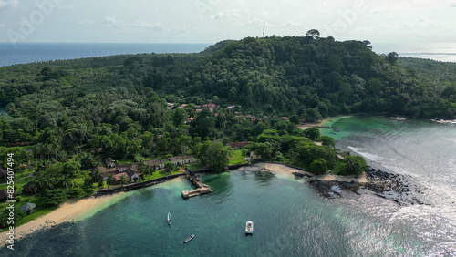 Aerial view of a pier in Ilheu das Rolas islet in the African island nation of Sao Tome and Principe