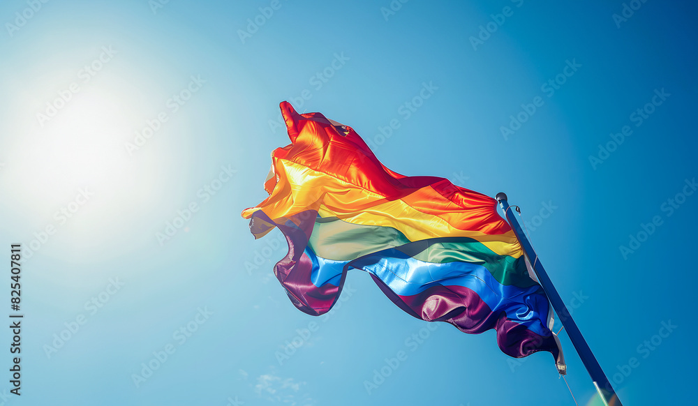 Fototapeta premium Rainbow flag flying in sky. Generative by AI