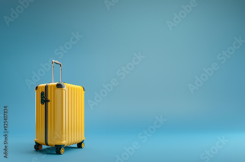 Yellow suitcase on wheels against blue background. Generative by AI