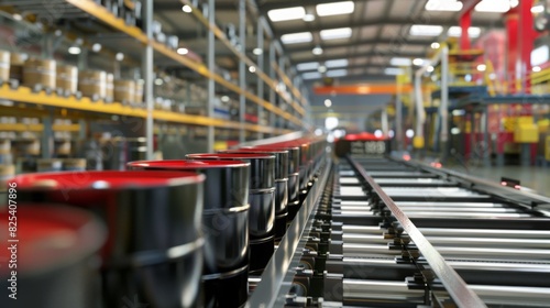 Several black barrels move along a conveyor belt inside a well-lit warehouse, surrounded by shelves stocked with various goods. © Emiliia